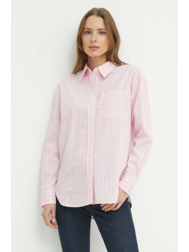 Памучна риза Lauren Ralph Lauren дамска в розово със свободна кройка с класическа яка 200932627