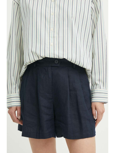Ленен къс панталон Sisley в тъмносиньо с изчистен дизайн с висока талия