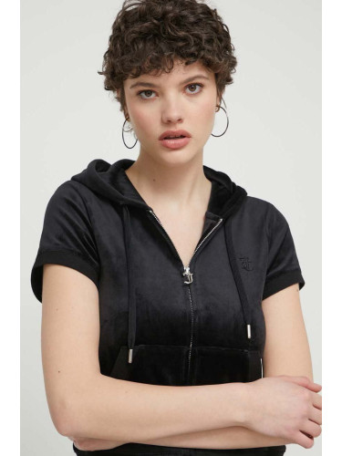 Кадифен суичър Juicy Couture в черно с качулка с апликация