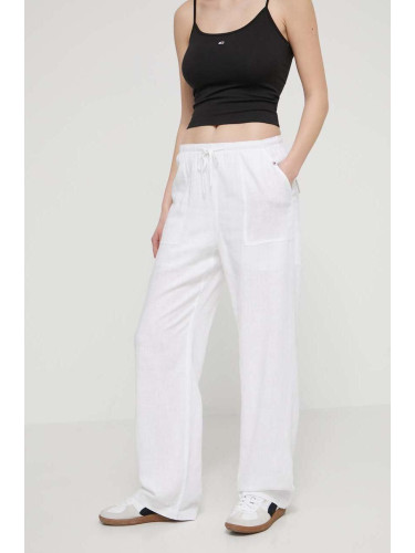 Панталон с лен Tommy Jeans в бяло с широка каройка, висока талия DW0DW17965