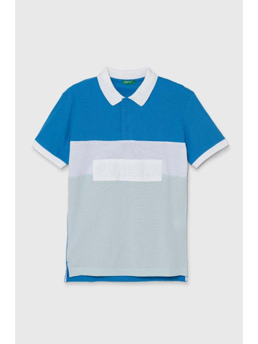 Детска памучна тениска с яка United Colors of Benetton в синьо с десен