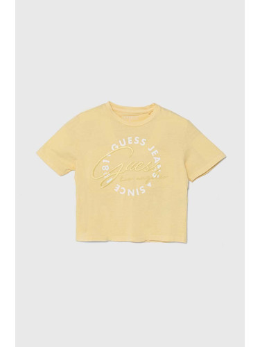 Детска памучна тениска Guess в жълто