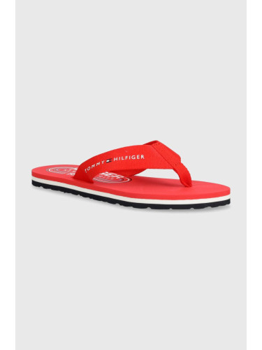 Джапанки Tommy Hilfiger GLOBAL STRIPES FLAT BEACH SANDAL в червено с равна подметка FW0FW07856