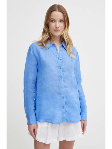 Ленена риза Tommy Hilfiger в синьо със свободна кройка с класическа яка WW0WW42037