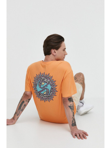 Памучна тениска Quiksilver в оранжево с принт