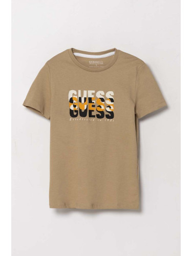 Детска памучна тениска Guess в бежово с принт