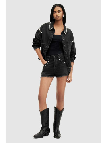 Дънков къс панталон от памук AllSaints HEIDI STUD SHORTS в черно с апликация с висока талия WE509Z