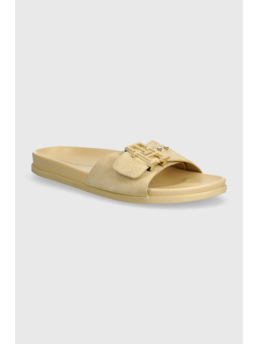 Велурени чехли Tommy Hilfiger TH HARDWARE SUEDE FLAT SANDAL в бежово FW0FW07935