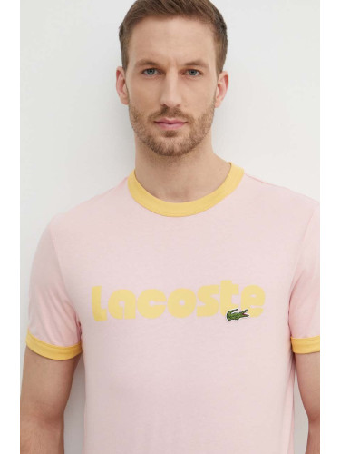 Памучна тениска Lacoste в розово с десен