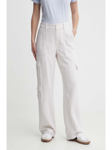 Ленен панталон Hollister Co. в бяло с широка каройка, с висока талия