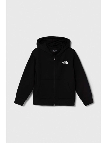 Детски памучен суичър The North Face FZ OVERSIZE LIGHT HOODIE в черно с качулка с принт