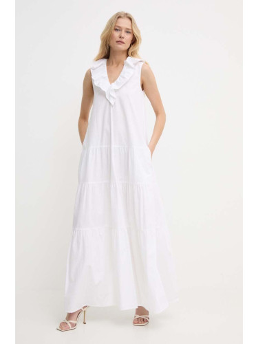 Памучна рокля Silvian Heach в бяло дълга разкроена