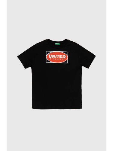 Детска памучна тениска United Colors of Benetton в черно с принт