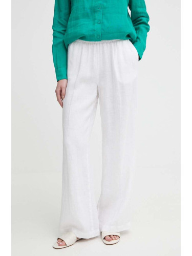 Ленен панталон Sisley в бяло с широка каройка, с висока талия