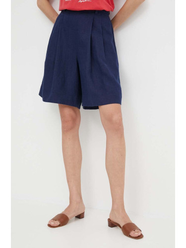 Ленен къс панталон Polo Ralph Lauren в тъмносиньо с изчистен дизайн висока талия 211943763