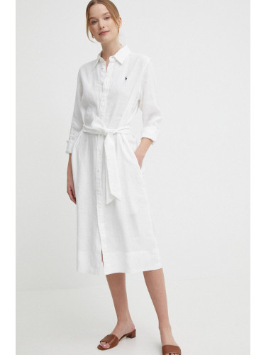 Ленена рокля Polo Ralph Lauren в бяло къса със стандартна кройка 211943992