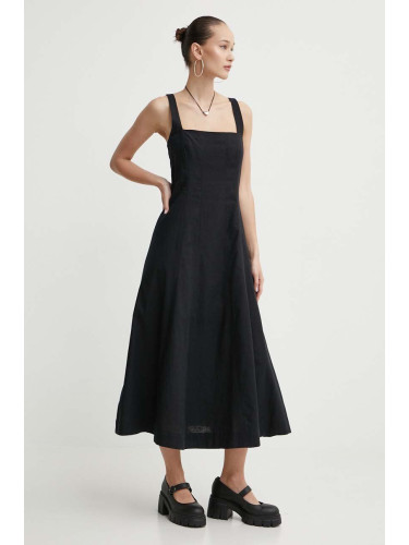 Ленена рокля Abercrombie & Fitch в черно среднодълга разкроена