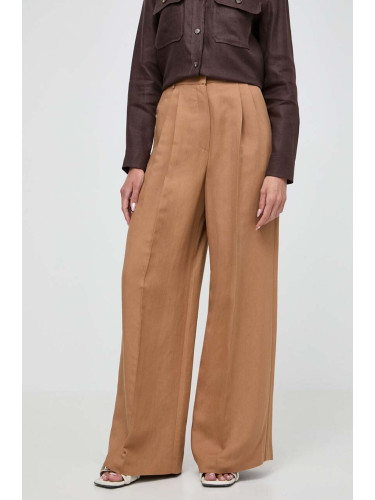 Панталон с лен Weekend Max Mara в кафяво с широка каройка, висока талия 2415131062600