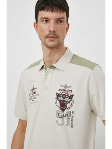 Памучна тениска с яка Aeronautica Militare в бежово с апликация PO1776J611