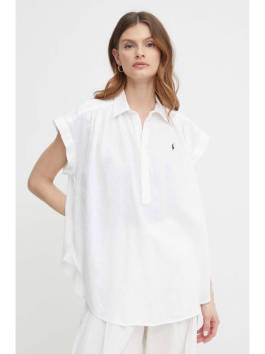 Ленена блуза Polo Ralph Lauren в бяло с изчистен дизайн 211935131