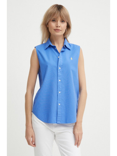 Памучна риза Polo Ralph Lauren дамска в синьо със стандартна кройка с класическа яка 211906512