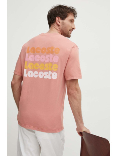 Памучна тениска Lacoste в розово с принт