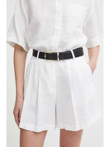 Ленен къс панталон Sisley в бяло с изчистен дизайн с висока талия