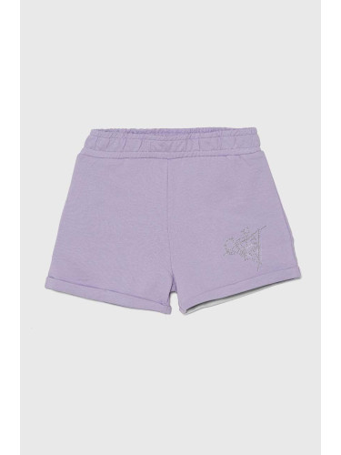 Детски памучен къс панталон Guess в лилаво с апликация