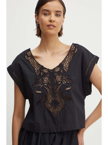 Памучна блуза Sisley дамска в черно с апликация