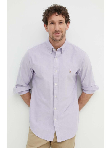 Памучна риза Polo Ralph Lauren мъжка в лилаво със стандартна кройка с яка копче 710805562
