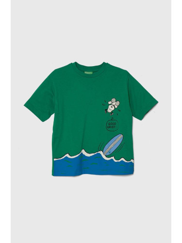 Детска памучна тениска United Colors of Benetton X Peanuts в зелено с принт