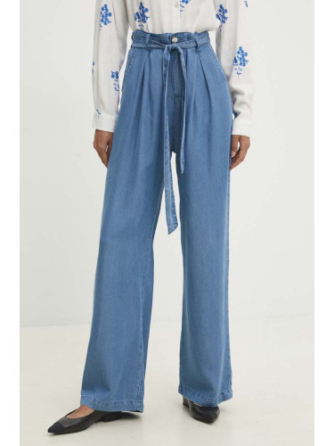 Памучен панталон Answear Lab в синьо с широка каройка, с висока талия