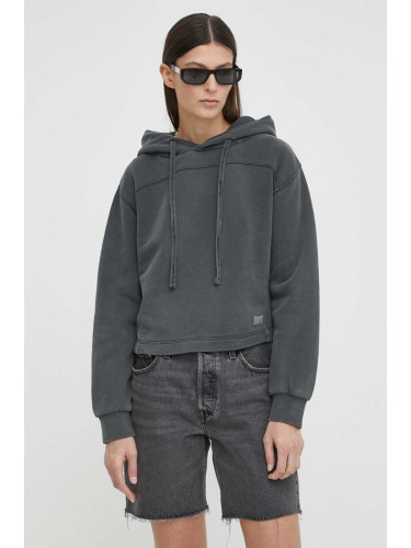 Памучен суичър G-Star в сиво с качулка с изчистен дизайн