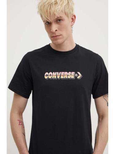 Памучна тениска Converse в черно с принт 10026416-A01