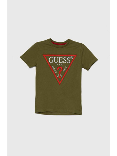 Детска памучна тениска Guess в зелено с апликация