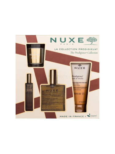 NUXE Prodigieux Collection Подаръчен комплект сухо масло Huile Prodigieuse 100 ml + душ масло Prodigieux 100 ml + EDP Prodigieux Le Parfum 15 ml + ароматна свещ Prodigieux 70 g