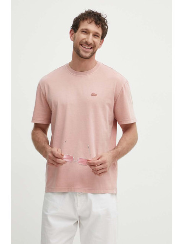 Памучна тениска Lacoste в розово с изчистен дизайн