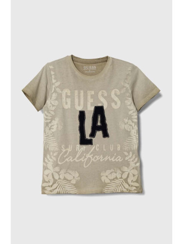 Детска памучна тениска Guess в бежово с принт