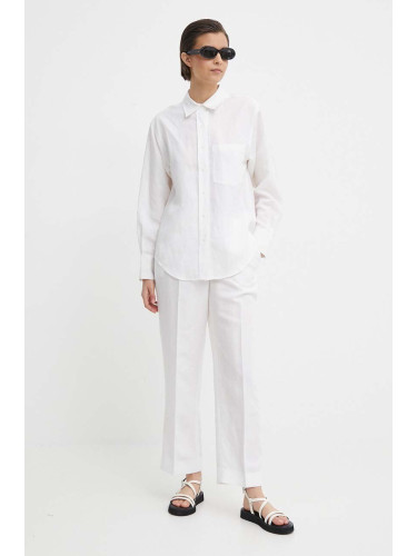 Панталон с лен Calvin Klein в бяло със стандартна кройка, с висока талия K20K206695