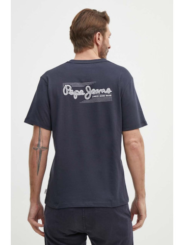 Памучна тениска Pepe Jeans SINGLE CLIFORD в тъмносиньо с принт PM509367