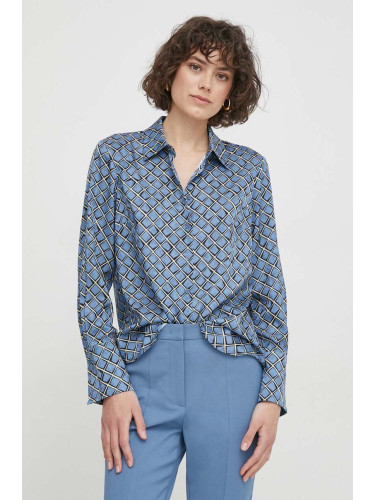 Риза Sisley дамска в синьо със стандартна кройка с класическа яка