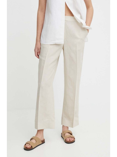 Панталон с лен Calvin Klein в бежово със стандартна кройка, с висока талия K20K206695
