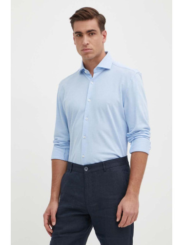 Памучна риза BOSS мъжка в синьо със стандартна кройка с италианска яка 50513647