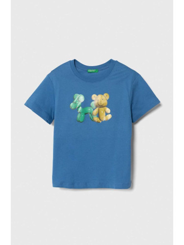 Детска памучна тениска United Colors of Benetton в синьо с принт