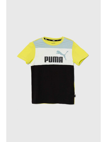 Детска памучна тениска Puma ESS BLOCK B в зелено с десен
