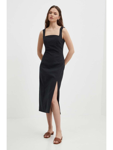 Ленена рокля Sisley в черно среднодълга със стандартна кройка