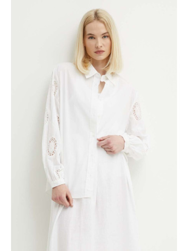Памучна риза Sisley дамска в бяло със свободна кройка с класическа яка