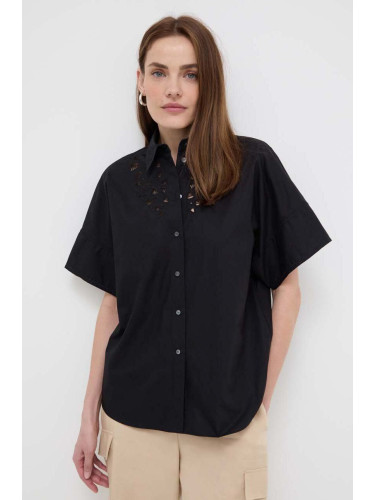 Памучна риза Karl Lagerfeld дамска в черно със стандартна кройка с класическа яка