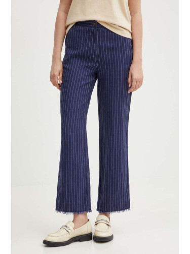 Ленен панталон Sisley в тъмносиньо със стандартна кройка, с висока талия
