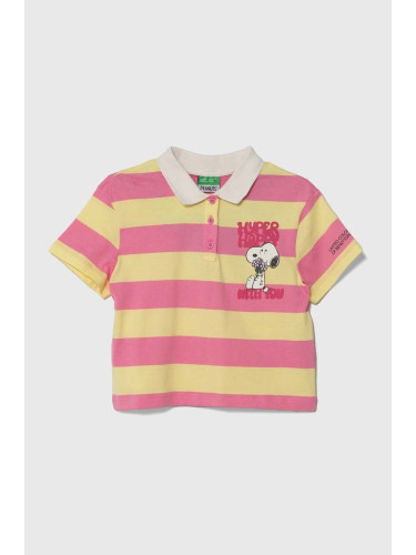Детска памучна тениска с яка United Colors of Benetton в розово с десен